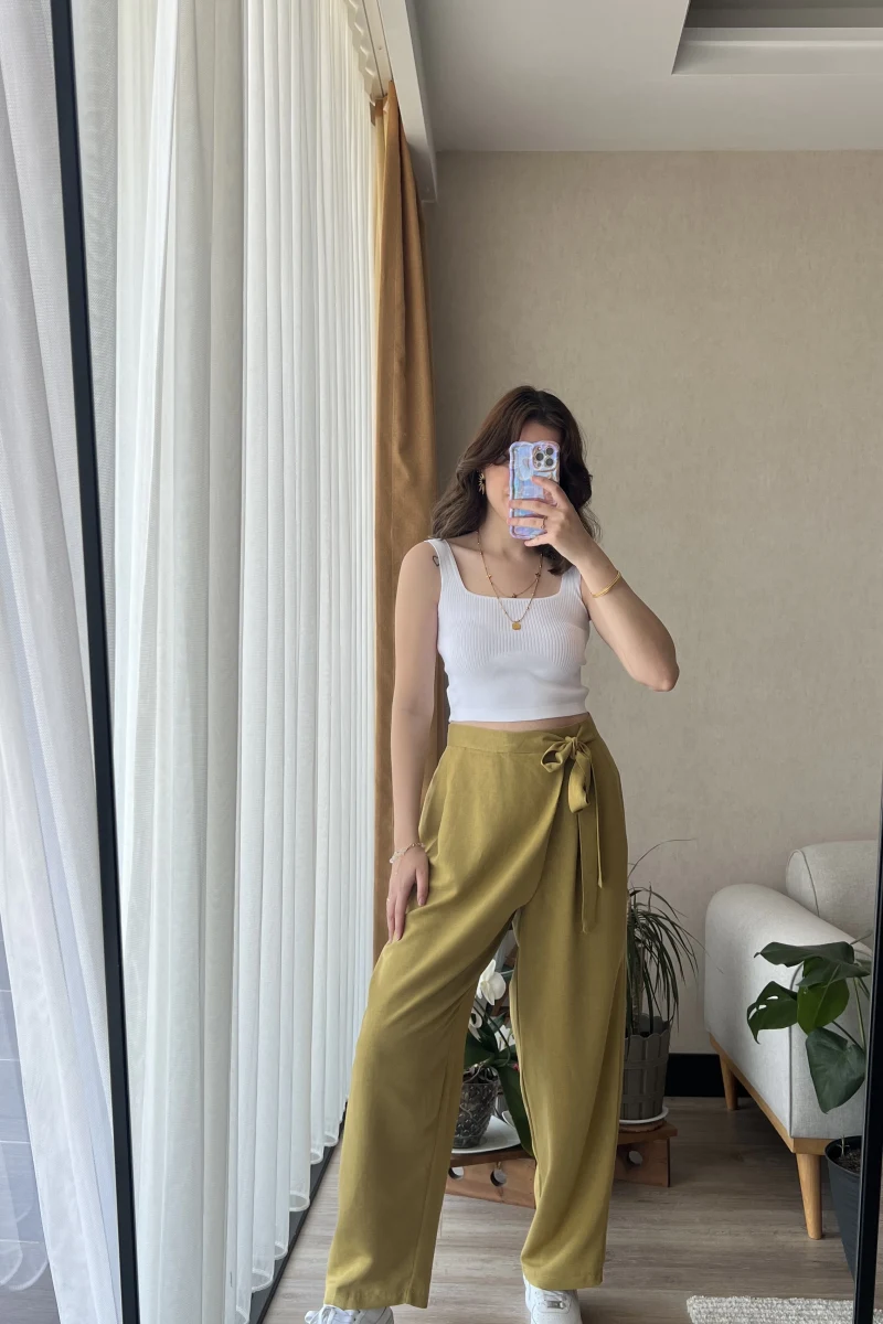 Keten Bağlamalı Yeşil Pantolon