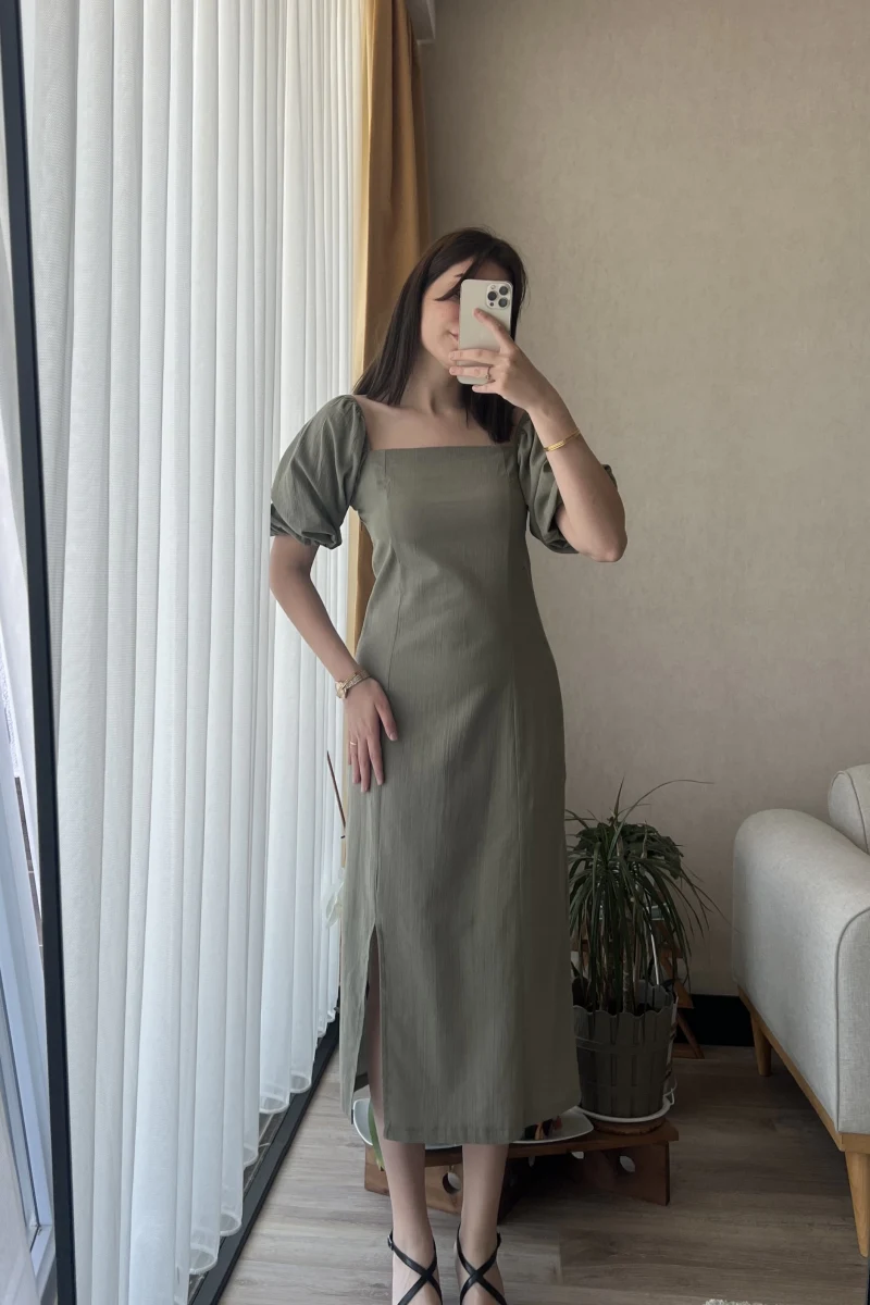 Keten Balon Kol Haki Elbise