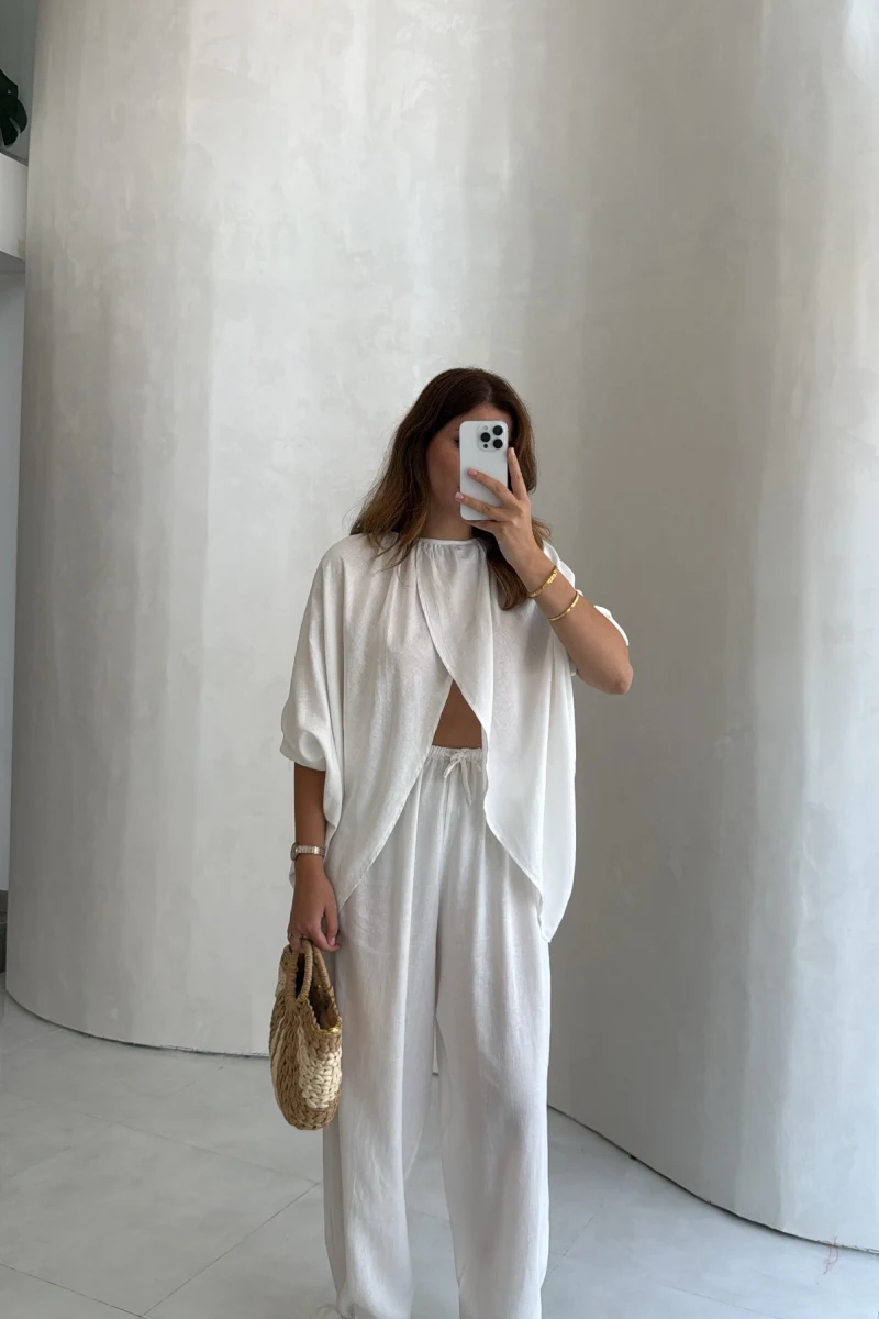 Keten Bluz Pantolon Takım - Beyaz - Kod: 51402