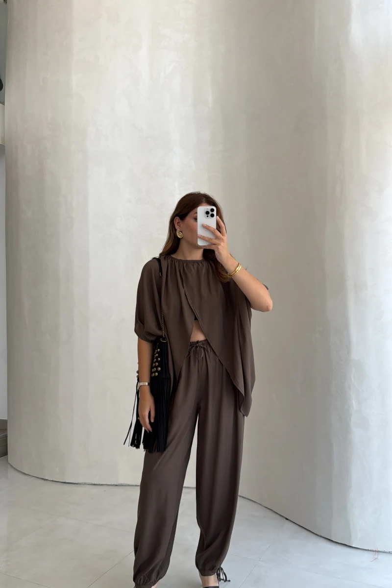 Keten Bluz Pantolon Takım - Kahve - Kod: 51402