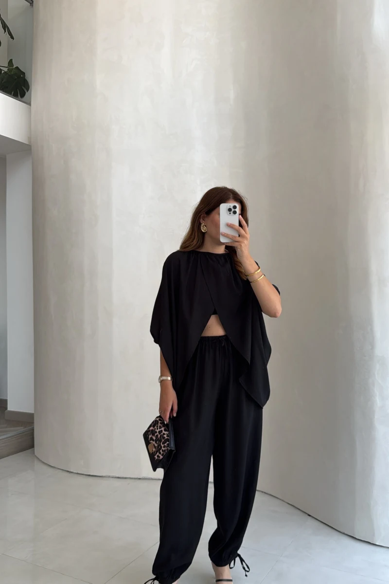 Keten Bluz Pantolon Takım - Siyah - Kod: 51402