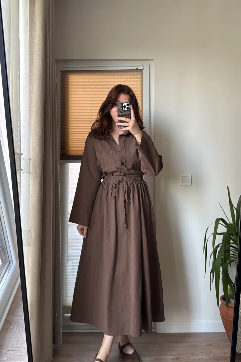 Keten Etek Gömlek Takım Acı Kahve