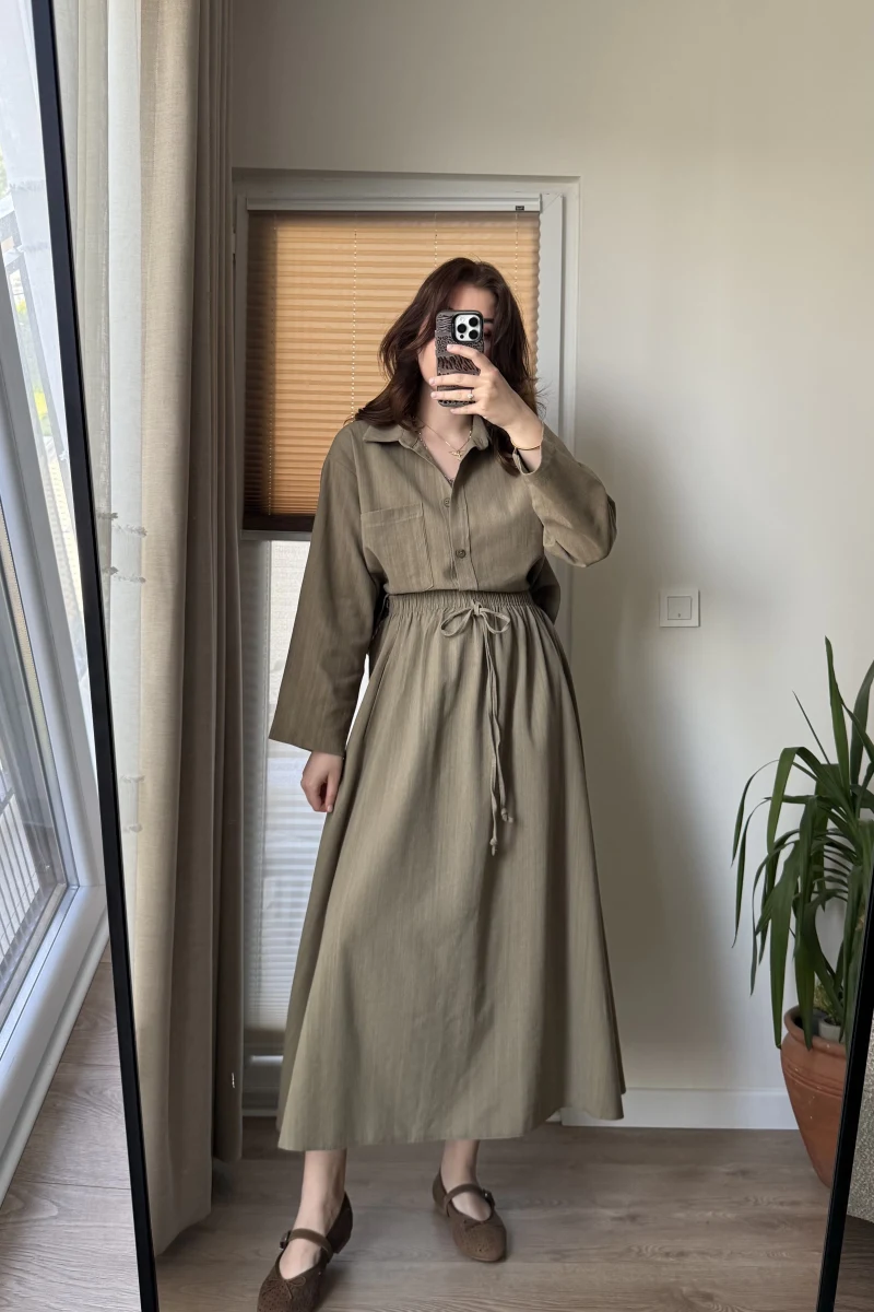 Keten Etek Gömlek Takım Haki