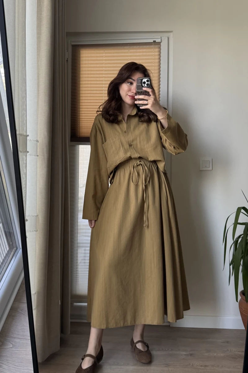 Keten Etek Gömlek Takım Hardal