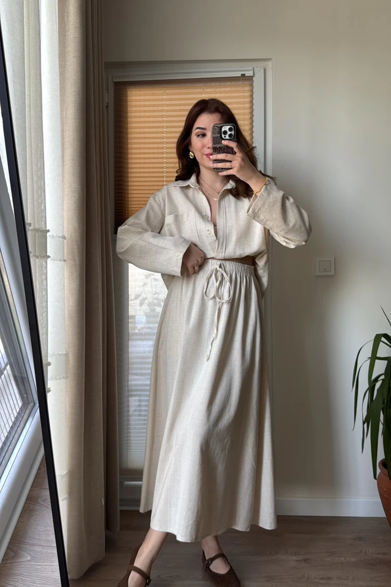 Keten Etek Gömlek Takım Natural