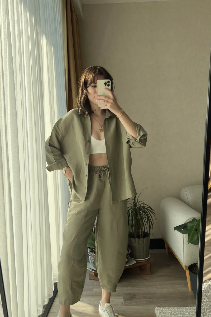 Keten Haki Gömlek Pantolon Takım