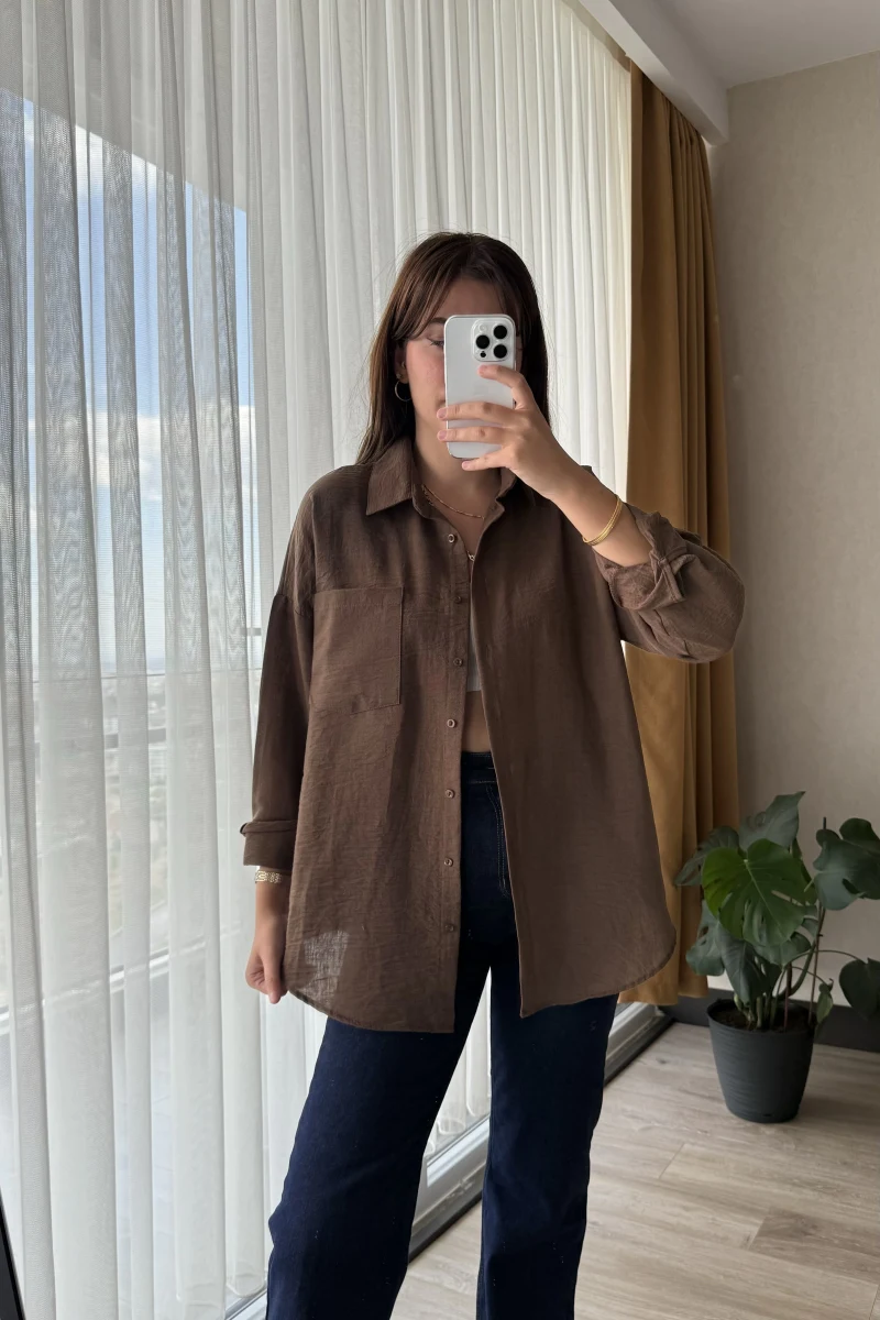 Keten Karşımlı Cepli Gömlek Acı Kahve