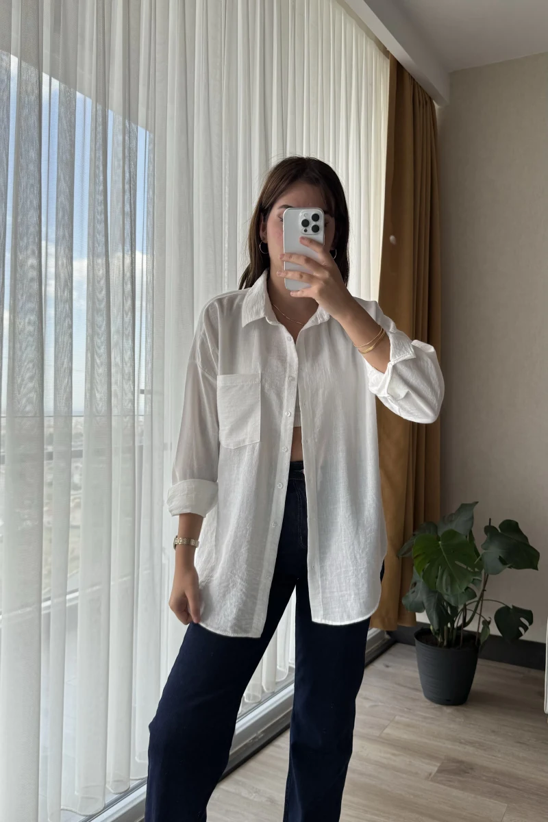 Keten Karşımlı Cepli Gömlek Beyaz