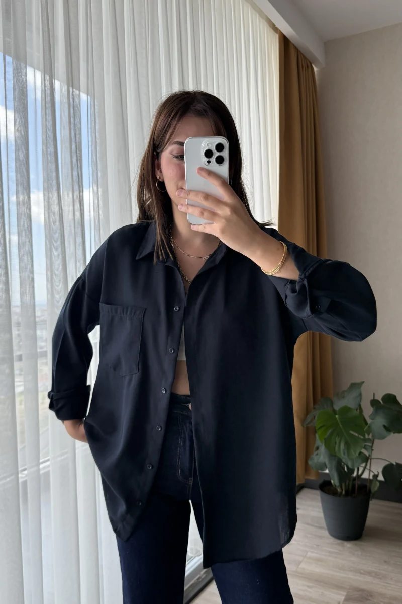 Keten Karşımlı Cepli Gömlek Lacivert