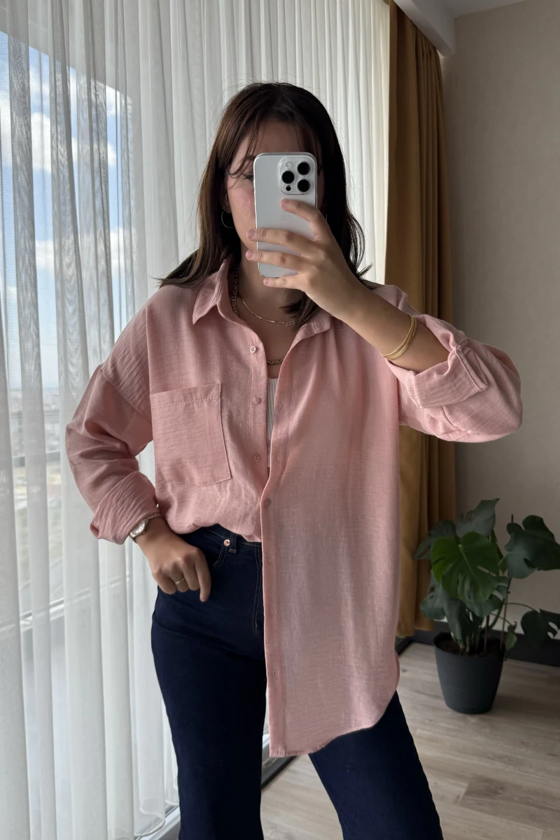 Keten Karşımlı Cepli Gömlek Pudra Pembesi