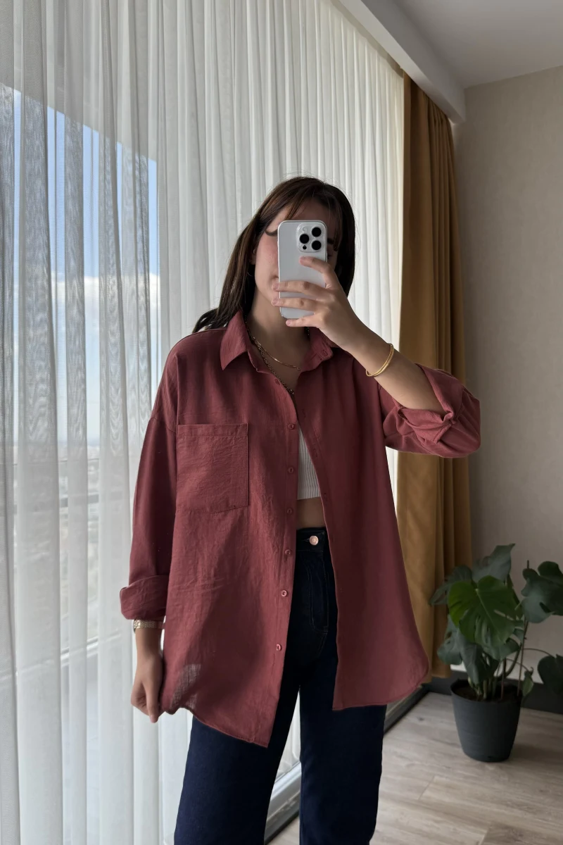 Keten Karşımlı Cepli Gömlek Tarçın