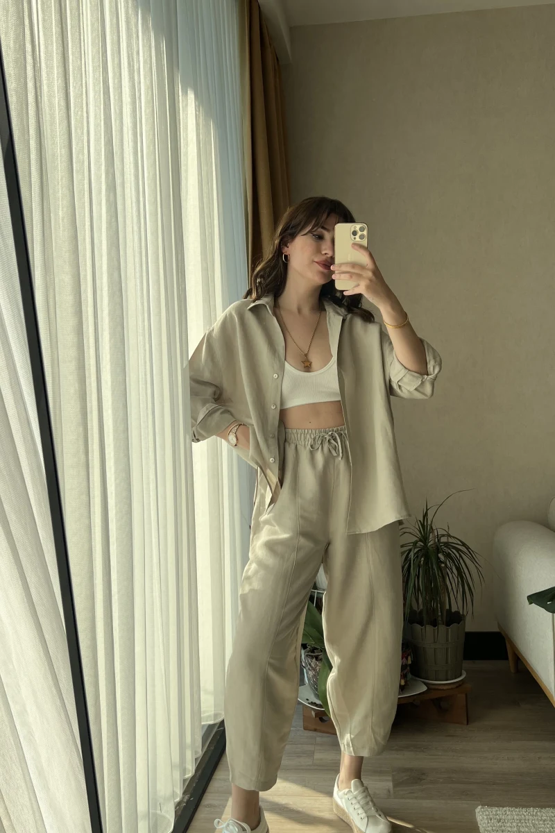 Keten Krem Gömlek Pantolon Takım