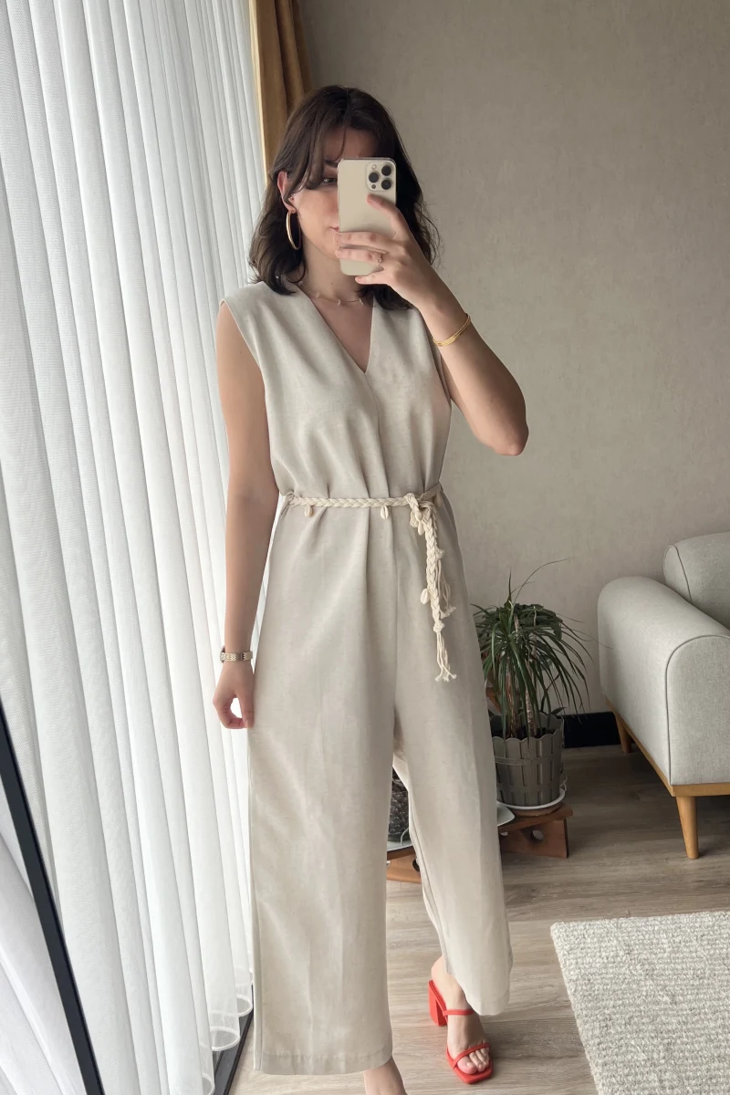 Keten Krem Kemerli Tulum