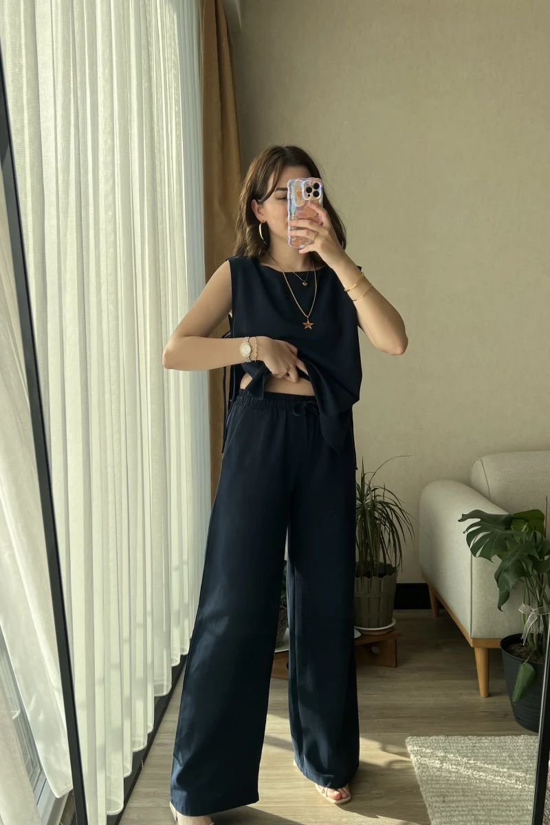 Keten Lacivert Yandan Bağlamalı takım