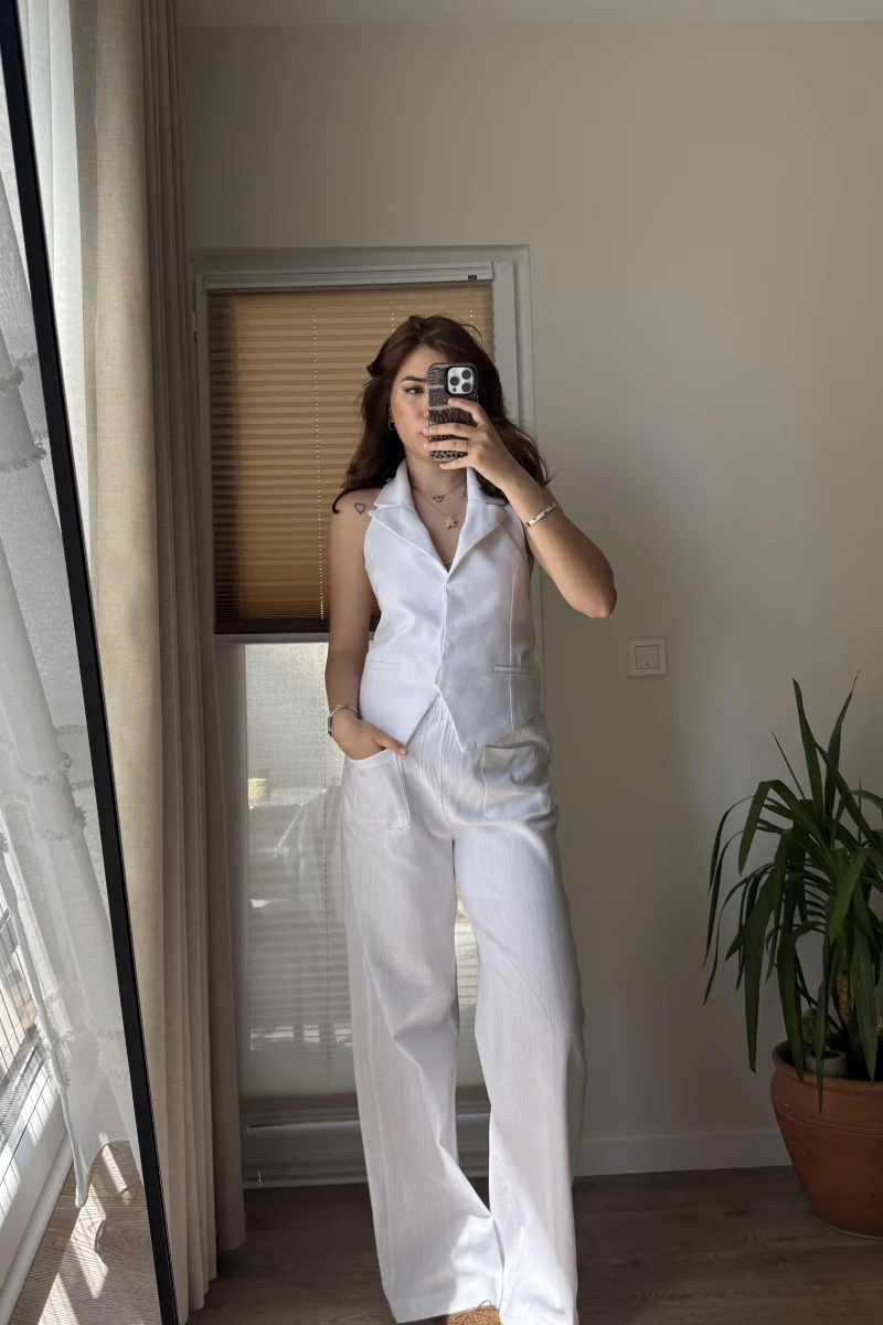 Keten Sırt Detay Yelek Pantolon Takım Beyaz