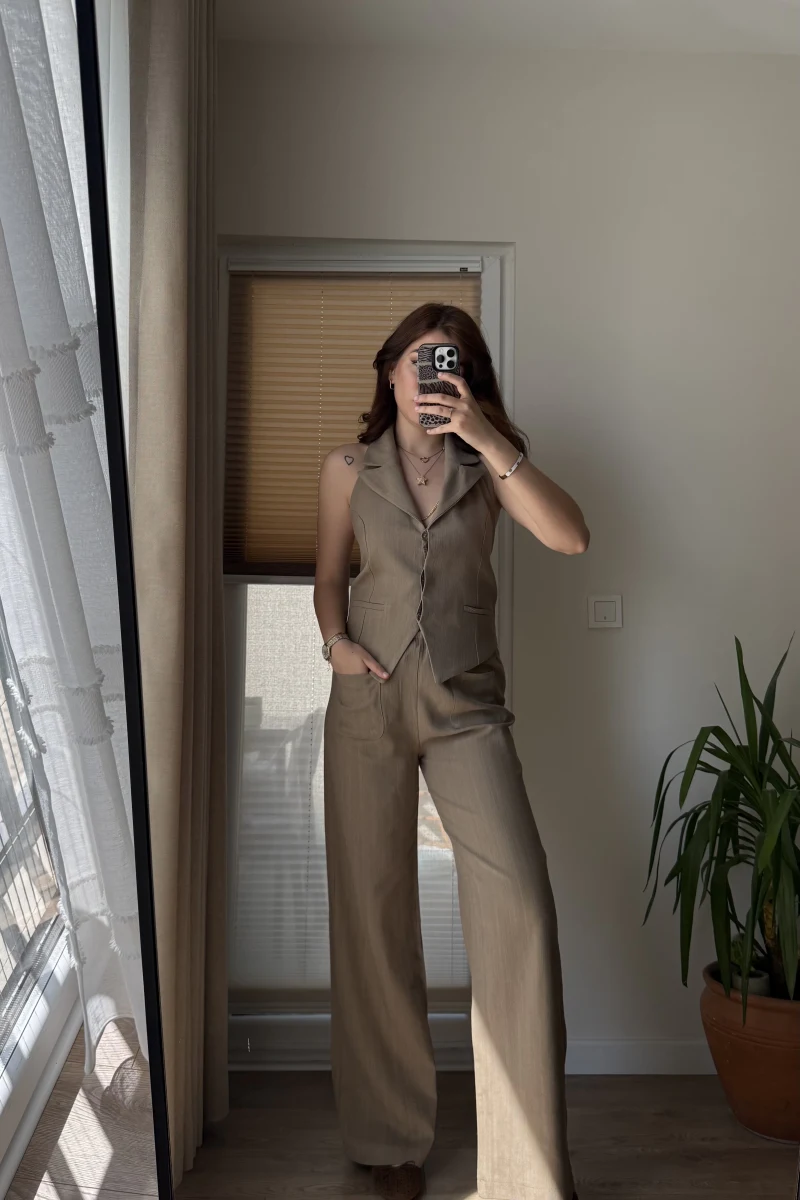 Keten Sırt Detay Yelek Pantolon Takım Haki