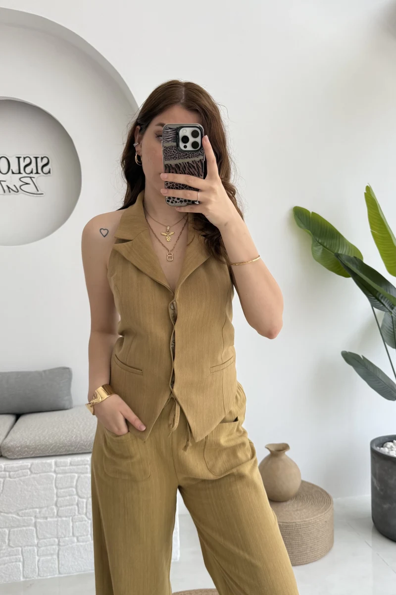 Keten Sırt Detay Yelek Pantolon Takım Hardal