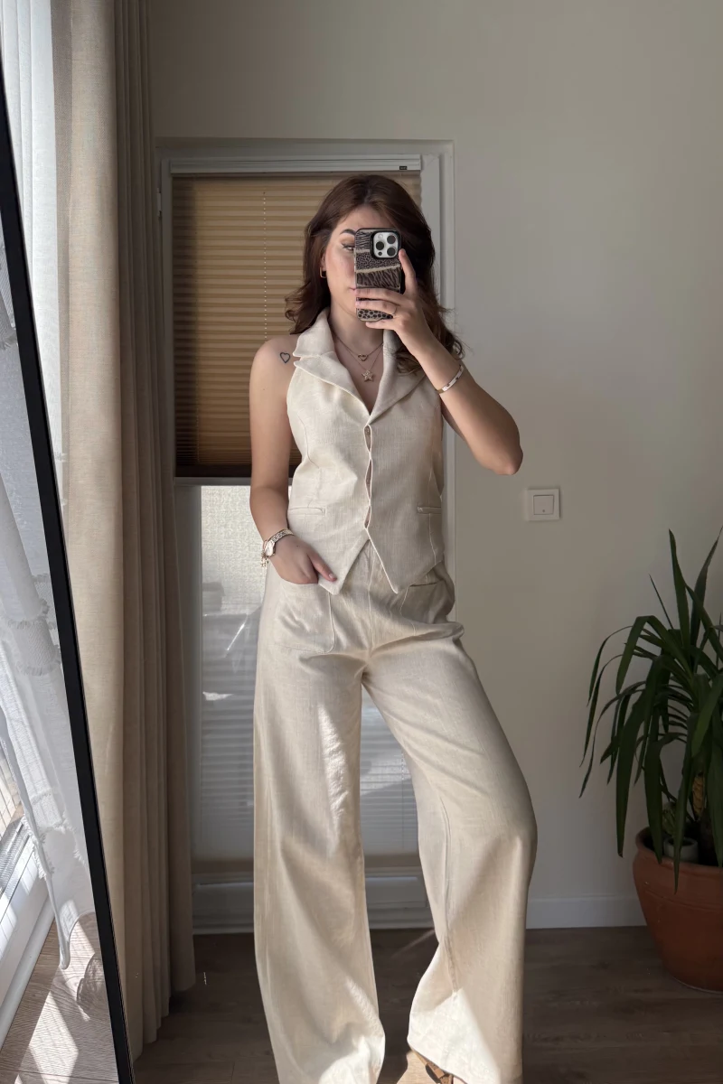 Keten Sırt Detay Yelek Pantolon Takım Krem