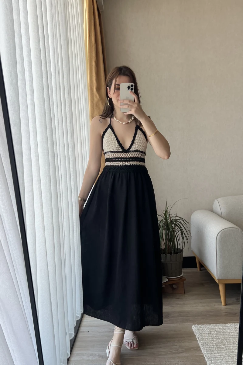 Keten Siyah Dantelli Boyundan Bağlamalı Elbise