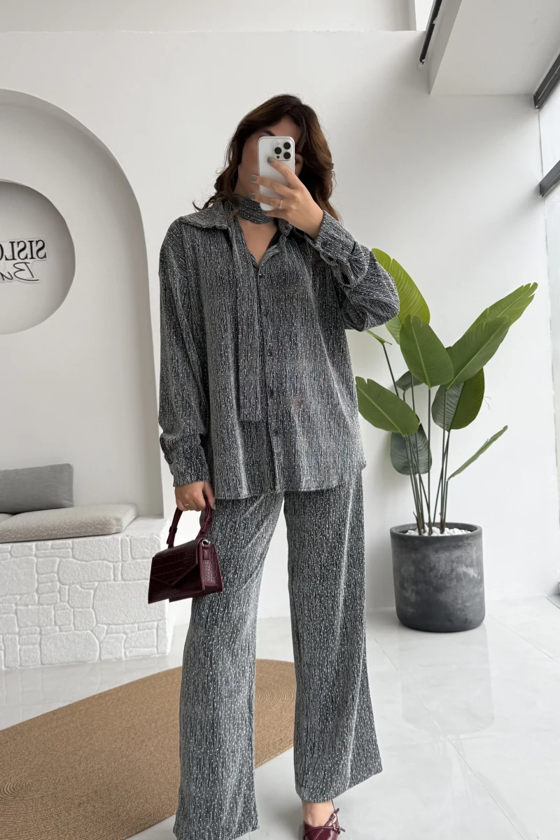 Kiara Taşlı Bağlamalı Gömlek Pantolon Takım - Gümüş - Kod: 6025