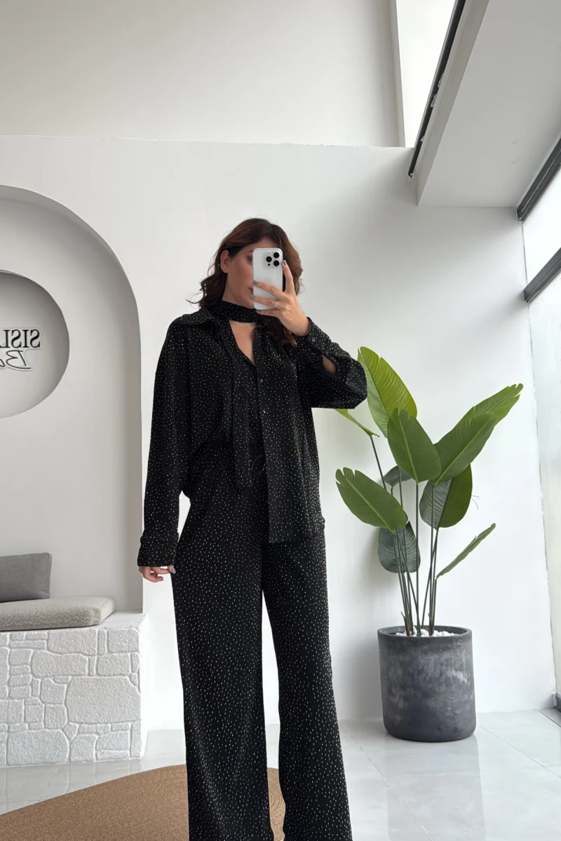 Kiara Taşlı Bağlamalı Gömlek Pantolon Takım - Siyah - Kod: 6025