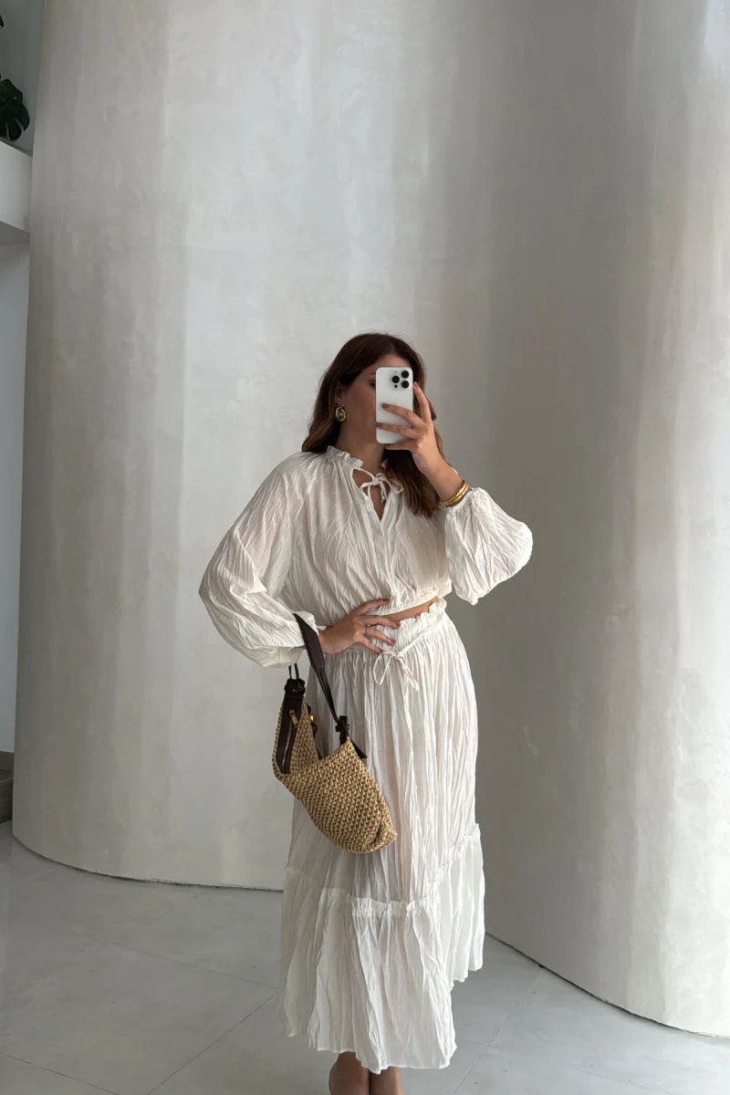Kırışık Etek Bluz Takım - Beyaz - Kod: 580443