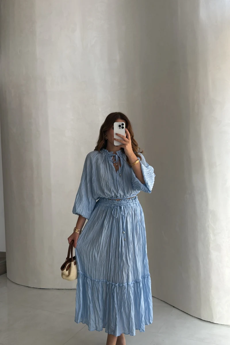 Kırışık Etek Bluz Takım - Mavi - Kod: 580443