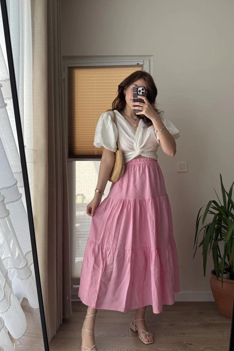 Kırışık Kat Kat Etek Pembe 5015