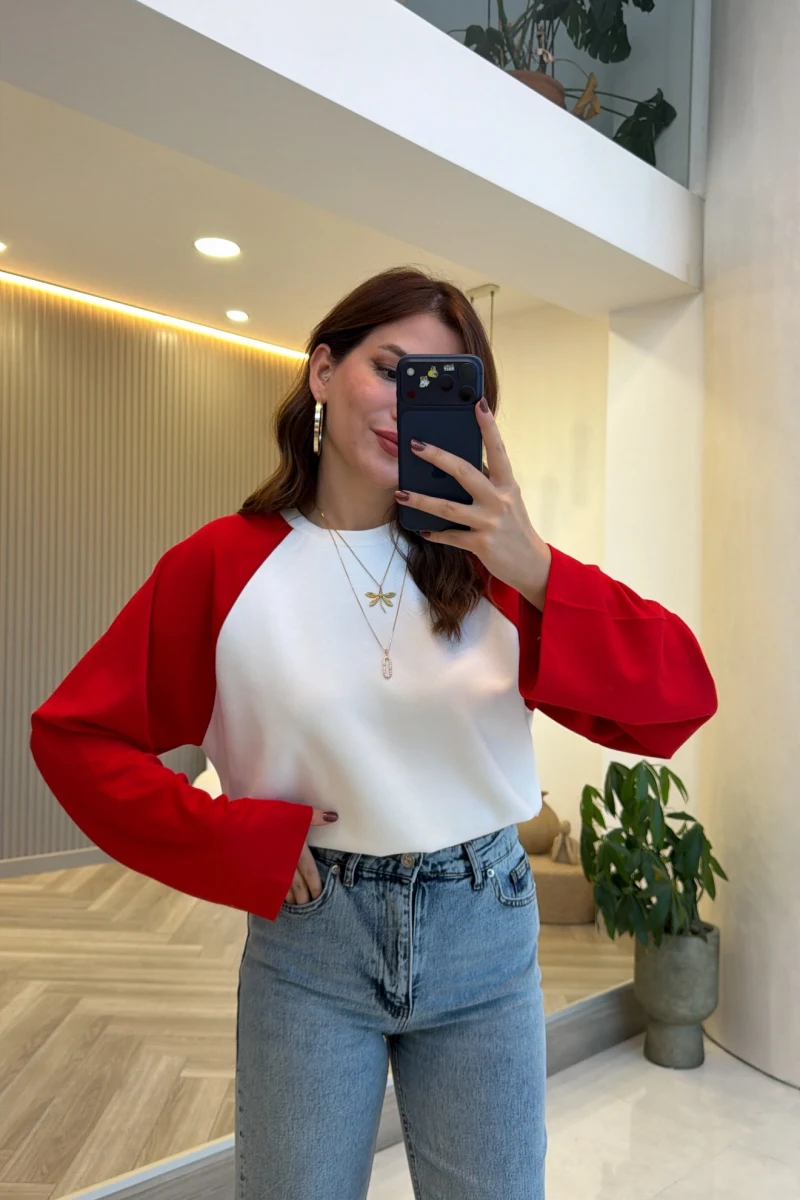 Kırmızı Reglan Kol Oversize Bluz - Ekru - Kod: 1659