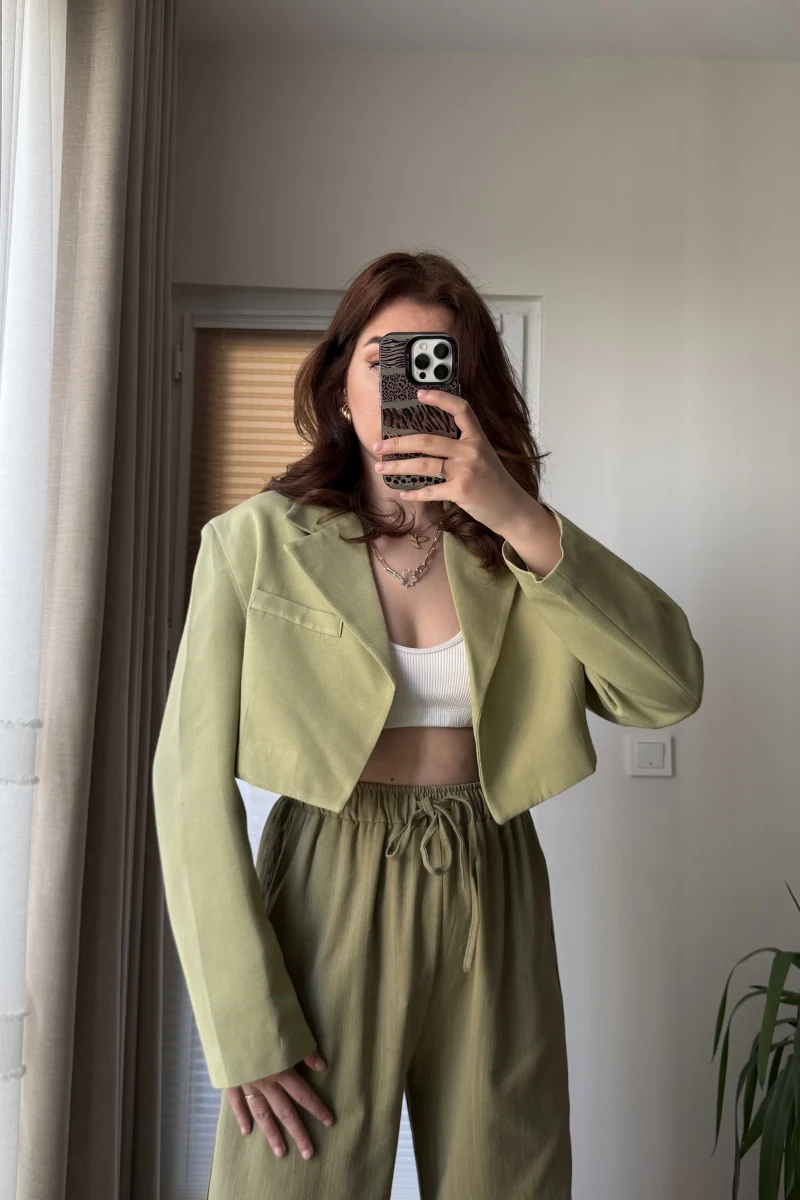 Kısa Crop Keten Astarlı Ceket Haki