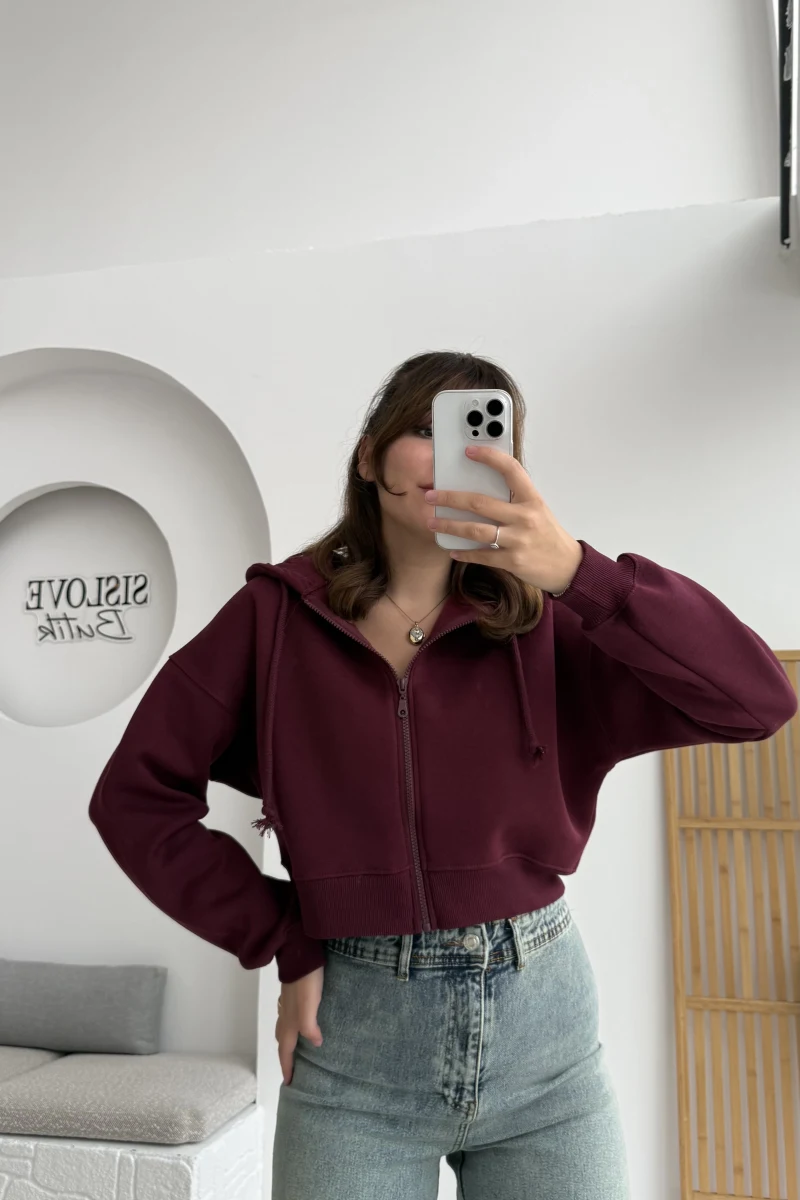 Kısa Fermuarlı Kapüşonlu Hırka - Bordo