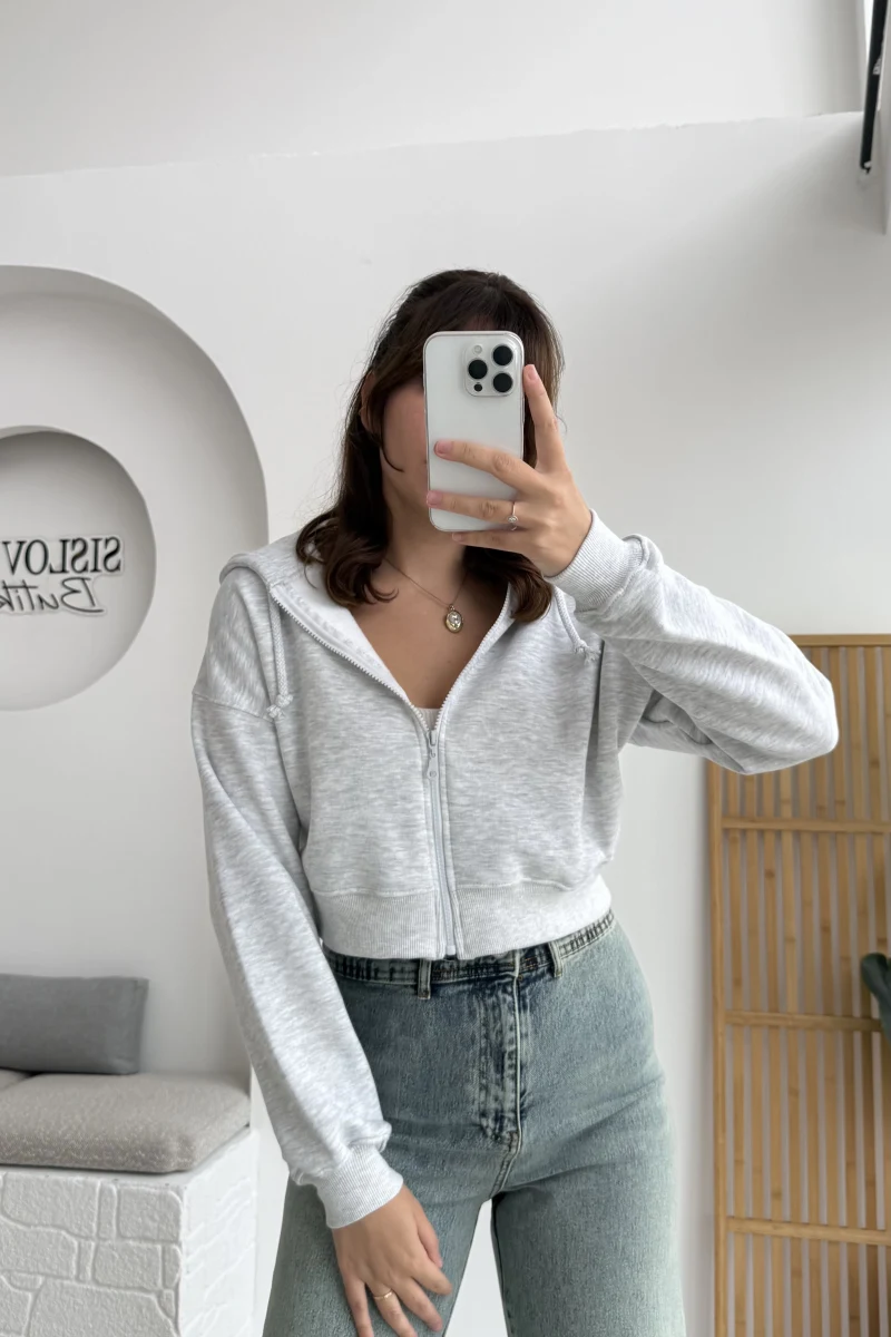 Kısa Fermuarlı Kapüşonlu Hırka - Gri