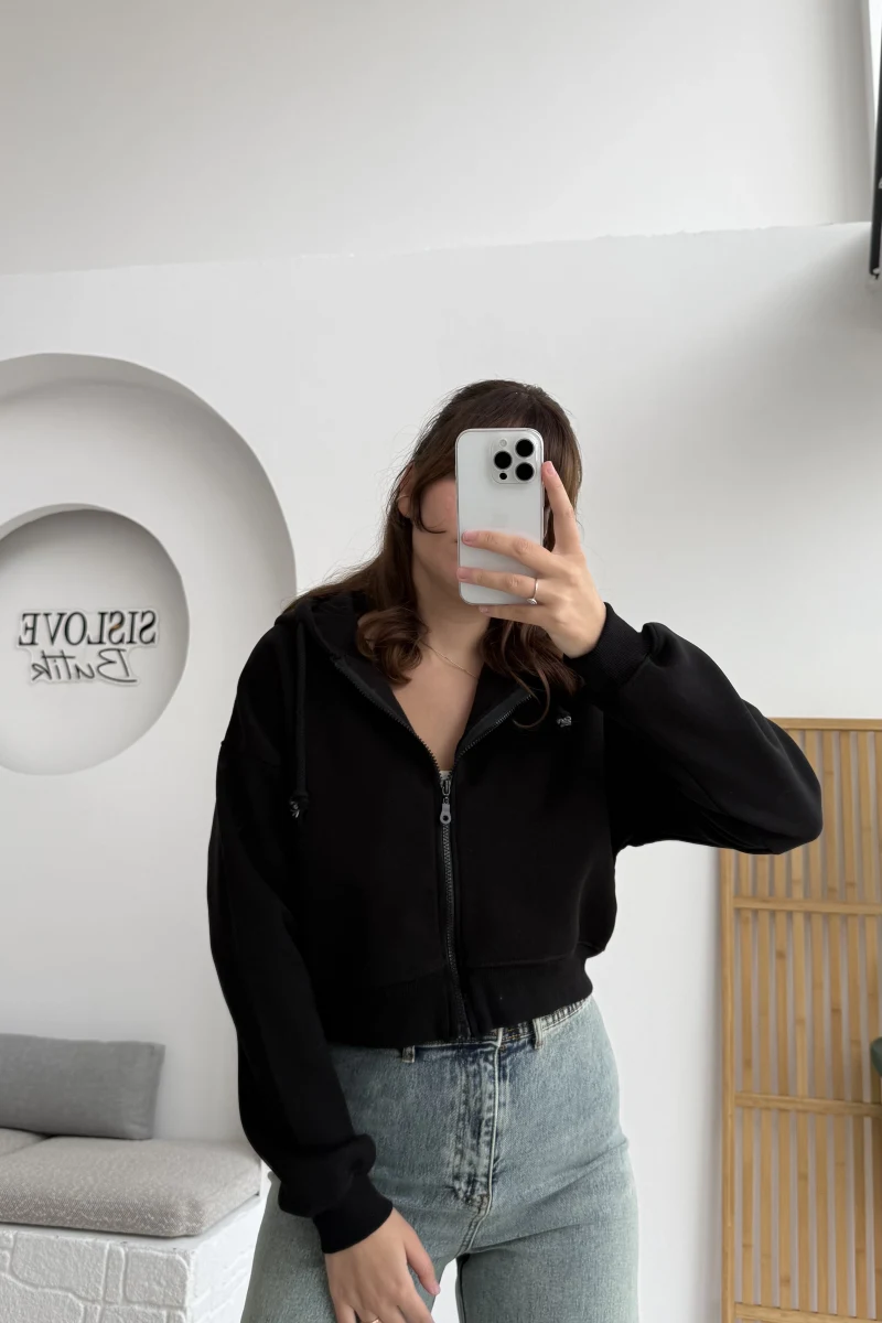 Kısa Fermuarlı Kapüşonlu Hırka - Siyah