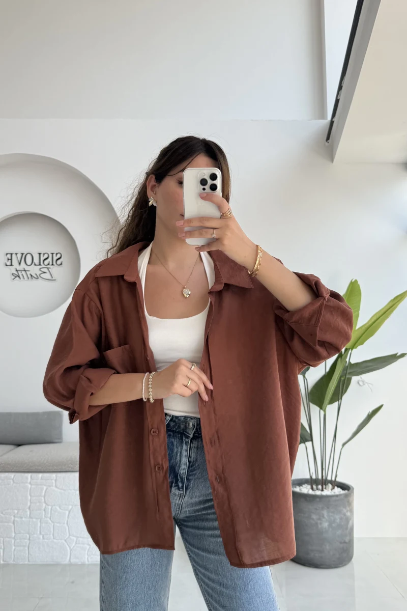 Kızıl Kahve Oversize Tensel Gömlek - Kod: 4612