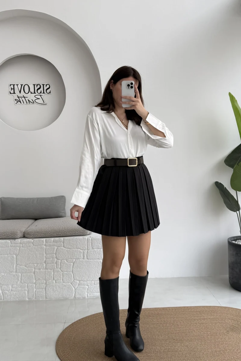 Klea Mini Piliseli Kemerli Etek - Siyah