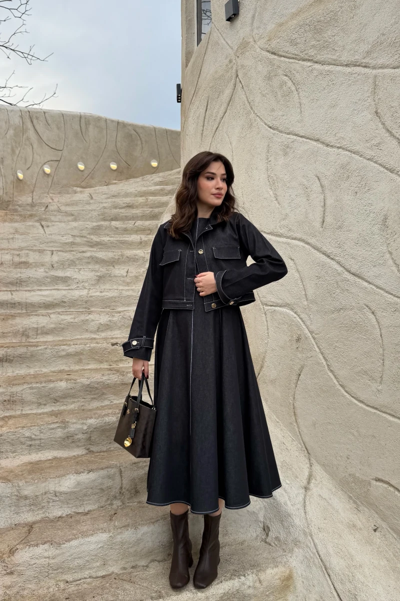 Kloş Elbise Ceket Takım - Denim Mavisi - Kod: 8915