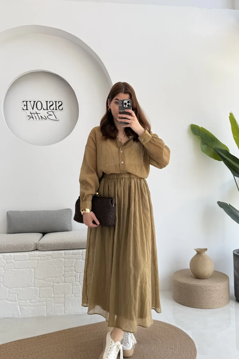 Kloş Etek ve Gömlek Takım Haki