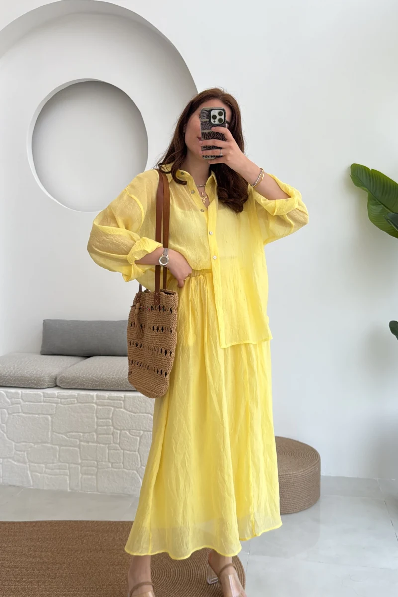 Kloş Etek ve Gömlek Takım Sarı