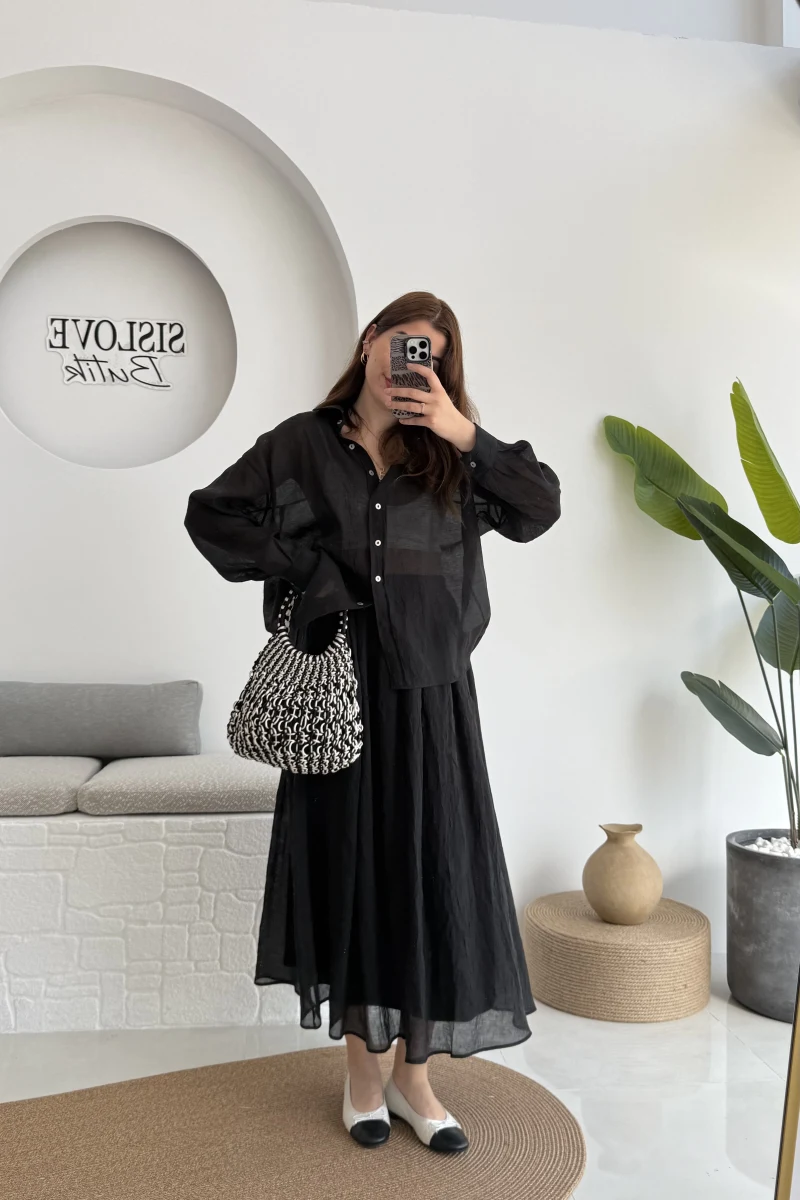 Kloş Etek ve Gömlek Takım Siyah