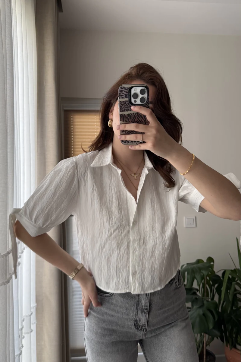 Kolları Bağlama Detay Gömlek Beyaz