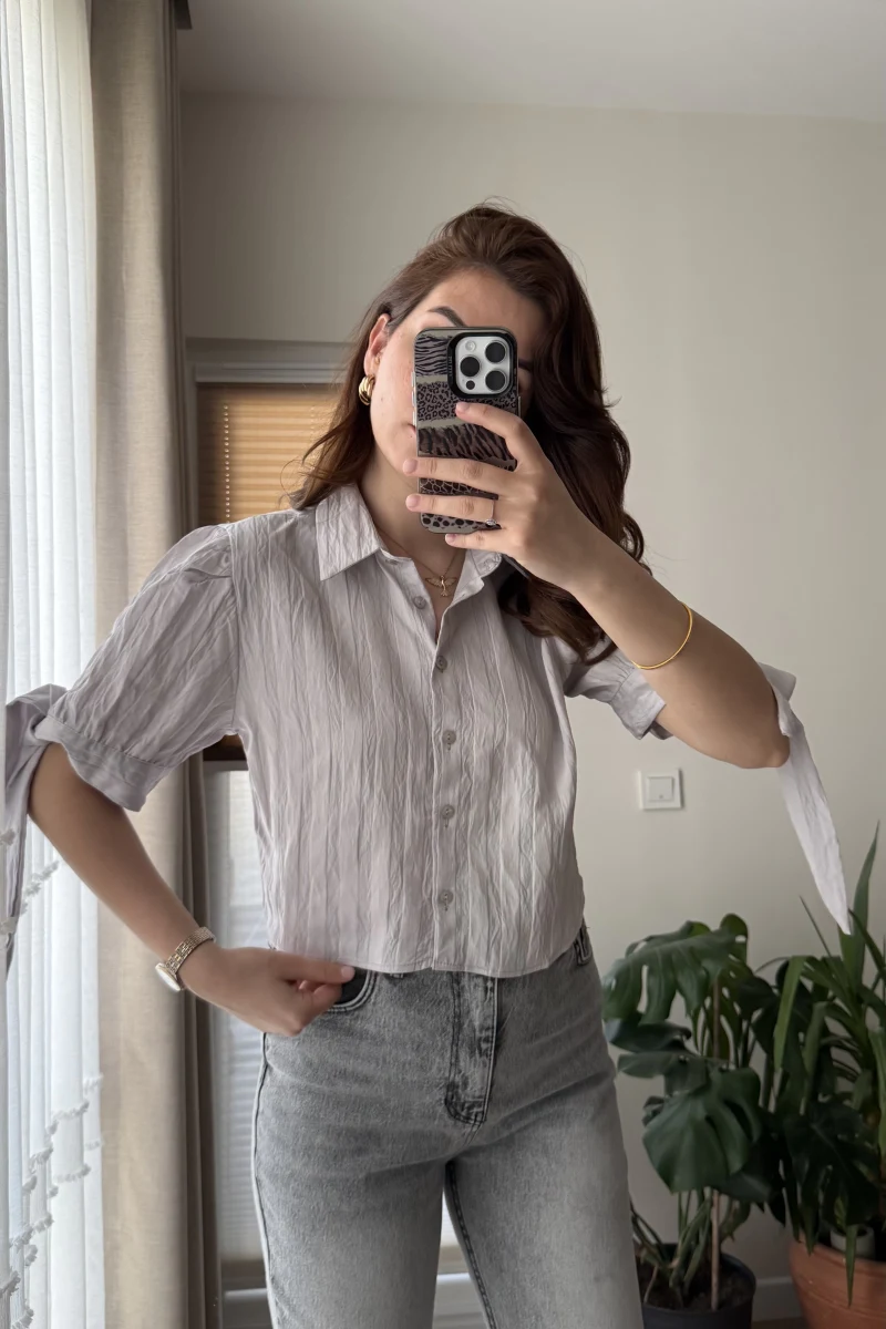 Kolları Bağlama Detay Gömlek Gri