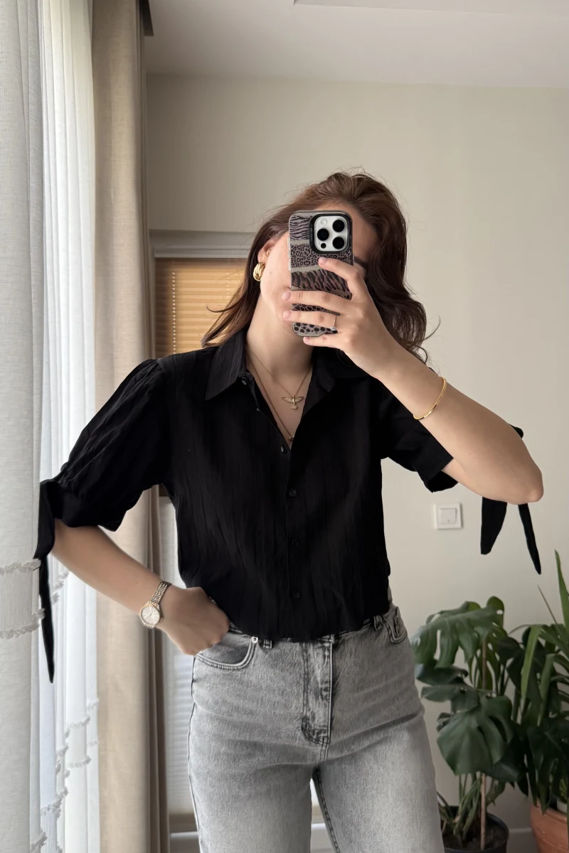 Kolları Bağlama Detay Gömlek Siyah