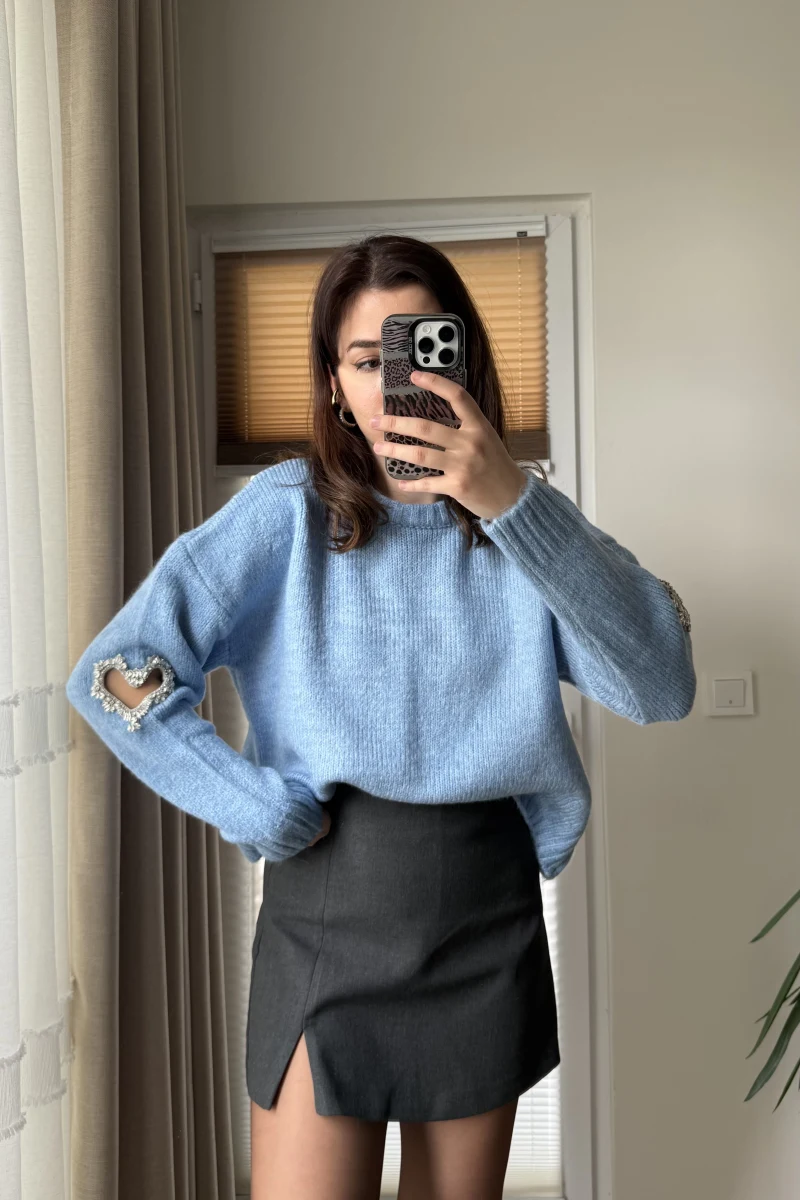 Kolları Kalp Detay Mücevher Model Kazak Mavi