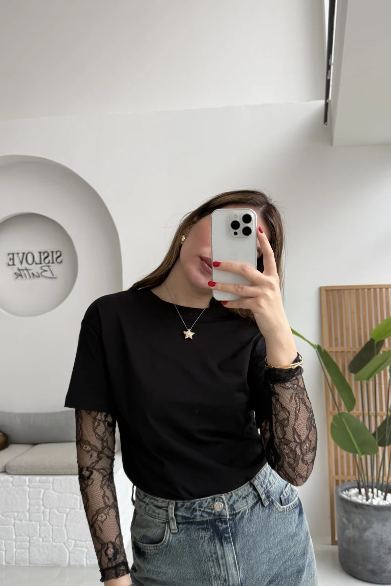 Kolu Danteli T-shirt - Siyah