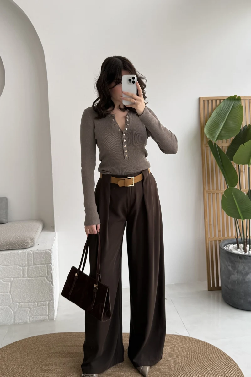 Köprü Detay Kemerli Pantolon - Acı Kahve - Kod: 3855