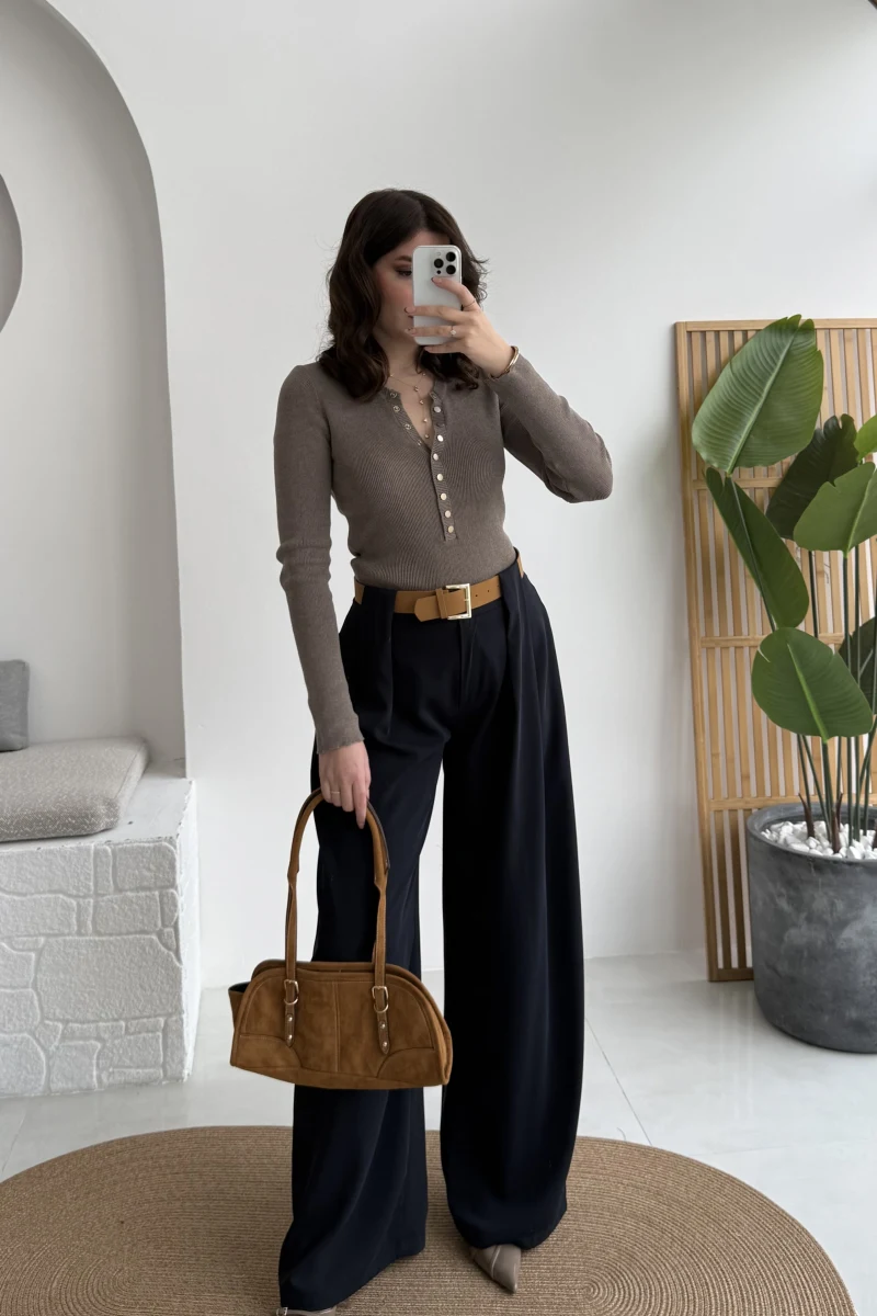 Köprü Detay Kemerli Pantolon - Lacivert - Kod: 3855