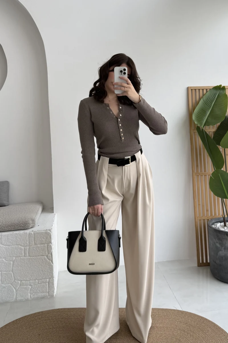 Köprü Detay Kemerli Pantolon - Taş - Kod: 3855