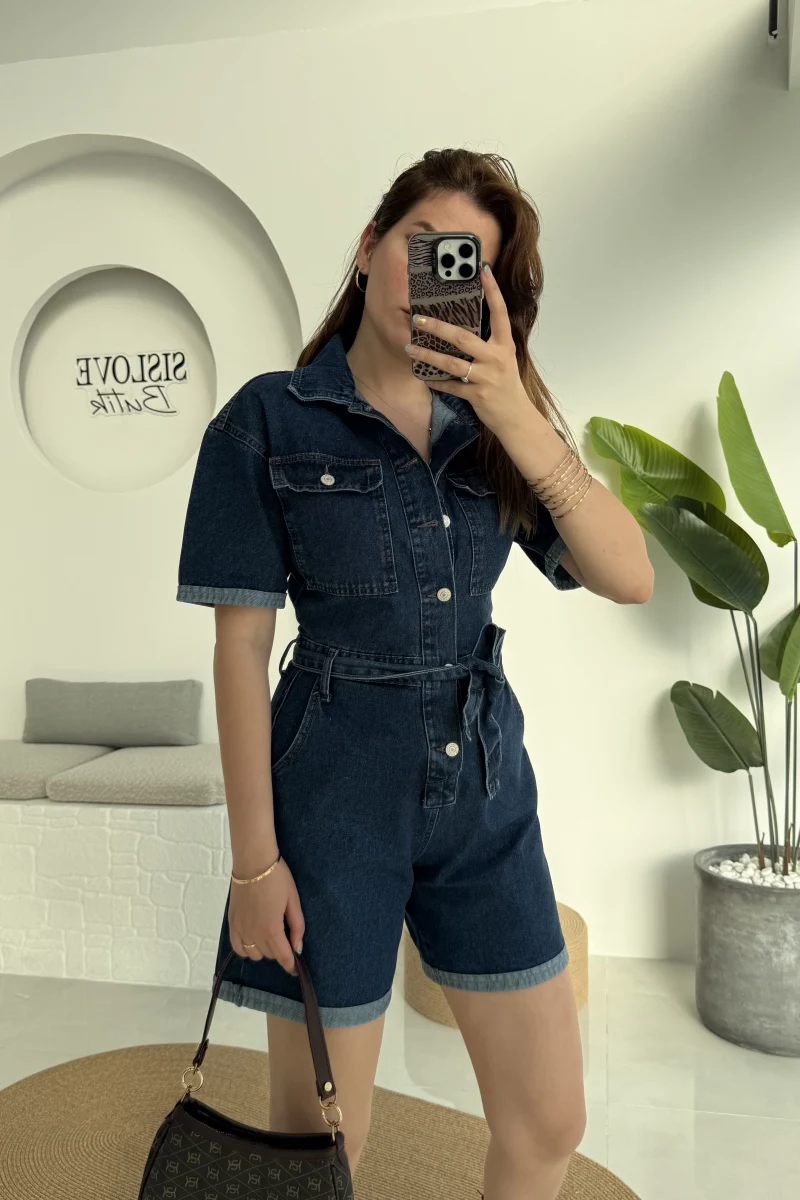 Koyu Mavi Kısa Şort Denim Tulum