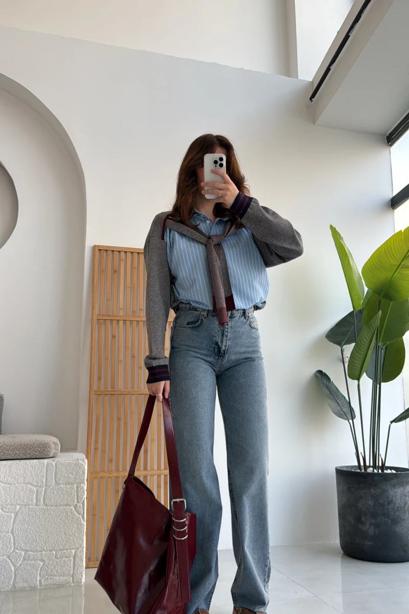 Koyu Mavi Yüksek Bel Denim Jean Pantolon - Kod: 1022