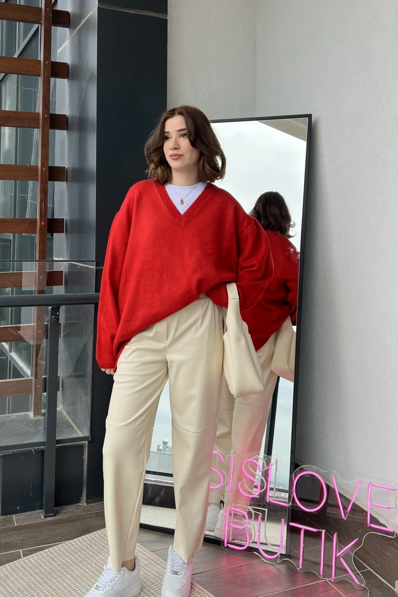 Krem Beli Lastikli Deri Pantolon